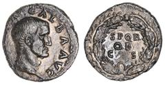 Roman Silver & Bronze Coins - Imperial Galba, (July 68 - January 69 A.D.), silver denarius, Rome Mint, (3.05 g), obv. head of Galba bare-headed to right around [IMP SE]R GALBA AVG, rev. SPQR/ OB/ C S.