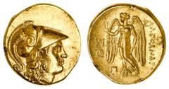 Ancient Gold Coins - Greek Macedon, Kingdom of, Alexander III, (336-323 B.C.), gold stater, (8.52 g), Sardes Mint, issued c.319-315 B.C., obv. head of Athena to right in crested Corinthian helmet, hai