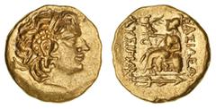 Ancient Gold Coins - Greek Thrace, Kingdom of, Lysimachos, (323-281 B.C.), gold stater, (8.22 g), Istrus mint, posthumous issue c.88-86 B.C., obv. diademed head of Alexander the Great to right, wearin