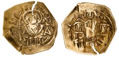 Ancient Gold Coins - Byzantine Andronicus II and Michael IX, (1295-1320), gold hyperpyron (scyphate), Constantinople Mint, (2.70 g), obv. bust of Virgin within city walls and four towers, control lett