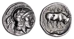 Greek Silver & Bronze Coins Italy, Lucania, Thurium (Thourioi), (400-350 B.C.), silver sixth stater or triobol, (1.17 g), obv. head of Athena to right wearing crested Athenian helmet decorated with Sk
