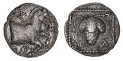 Greek Silver & Bronze Coins Thrace, Maroneia, (c.386-347 B.C.), silver triobol, (2.02 g), obv. forepart of prancing horse to right, MAR around, rev. bunch of grapes, MA below all within a dotted squar