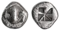 Greek Silver & Bronze Coins Boiotia, Tanagra, (500-480 B.C.), silver hemidrachm (2.06 g), obv. Boiotian shield wth horizontal T facing inwards in one opening (noted by Knobloch), rev. incuse square wi