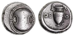 Greek Silver & Bronze Coins Boiotia, Thebes, (395-338 B.C.), silver stater (12.17 g), Theot[i] magistrate, obv. Boiotian shield, rev. amphora in incuse concave field, across field to left QE and to ri