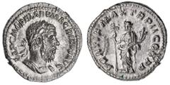 Roman Silver & Bronze Coins - Imperial Macrinus, (A.D. 217-218), silver denarius, Rome Mint, (3.37 g), issued A.D. 217, obv. bearded Macrinus laureate cuirassed bust to right, around IMP C M OPEL SEV 