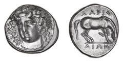 Greek Coins from the Nth QLD Collector - Silver & Bronze Thessaly, Larissa (under Macedonian domination), (340-325 B.C.), silver drachm, (5.98 g), obv. facing head of nymph Larissa three-quarter to le