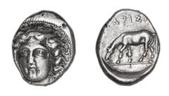Greek Silver & Bronze Coins Thessaly, Larissa, (under Macedonian domination), (400-370 B.C.), silver drachm, (6.08 g), obv. facing head of nymph Larissa three-quarter to left, hair in ampyx, rev. hors