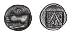 Greek Silver & Bronze Coins Peloponnesos, Argolis, Argos, silver hemidrachm, or Attic triobol, 260's-250's B.C. (2.31 g), obv. forepart of wolf at bay to left, Q above, rev. A with P and Y either side