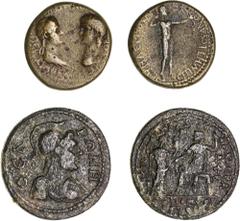 Roman Provincial Phrygia, Sebaste, Geta, as Caesar, (AD 198-209), AE 25mm, (8.89 g), obv. bare-headed, draped and cuirassed bust right, rev. men standing right, foot on bucranium, holding spear and pi