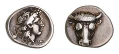 Greek Silver & Bronze Coins Central Greece, Phokis, (478-460 B.C.), silver triobol, (2.77), obv. bull's head facing, rev. laureate head of Apollo right, lyre to left, FW below, (S.2353, Williams 384, 