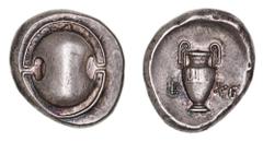 Greek Silver & Bronze Coins Boiotia, Thebes, (395-338 B.C.), magistrate Eche.., silver stater, (12.20 g), obv. Boiotian shield, rev. amphora in concave field, with letters E XE either side, (cf.S.2398