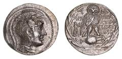 Greek Silver & Bronze Coins Attica, Athens, silver tetradrachm, (168-167 B.C. or 136-135 B.C. revised date), (16.80 g), obv. head of Athena Parthenos to right, wearing triple crested Athenian helmet, 