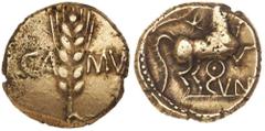 GREAT BRITAIN GOLD COINS Ancient Britain, Celtic coinage, Cunobelin, (cAD8-41) gold stater (5.39g), wheat ear CAMV, reverse horse prancing right star above dot in circle below (ABC.2783; S.283). Rever