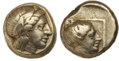 ANCIENT GOLD COINS - GREEK Lesbos, Mytilene, (c.377-326 B.C.), (Bodenstedt date 346 B.C.), electrum hekte (2.52 g), obv. laureate head of Apollo to right, rev. head of female right, hair in bun behind