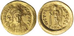 ANCIENT GOLD COINS - BYZANTINE Anastasius I, (491-518), gold solidus, issue of 491-498, 6th officina, Constantinople mint, (4.46 g), obv. helmeted and cuirassed bust three-quarter face to right, holdi