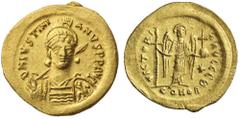 ANCIENT GOLD COINS - BYZANTINE Justinian I, (527-565), gold solidus, issue of 527-538, 9th officina, Constantinople mint, (4.49 g), obv. helmeted and cuirassed bust three-quarters facing to right, hol