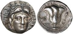 GREEK SILVER & BRONZE COINS Caria, Carian Islands, Rhodos (Rhodes), (230-205 B.C.), silver tetradrachm (13.32 g), obv. radiate head of Helios facing, rev. rose, bud r., RODIAN, AMEIN IAS, (S.5046, BMC