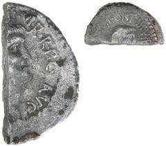 ROMAN SILVER & BRONZE COINS - REPUBLIC Mark Antony and Octavian, (Antony committed suicide 30 B.C.), silver cut in half denarius, mint moving with Antony in Syria, issued 41 B.C., issued by moneyer M.