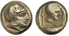 Ancient Gold Coins - Greek Lesbos, Mytilene, (c.412-378 B.C.), electrum hekte or sixth stater (2.56 g), obv. helmeted head of Ares to right, rev. helmeted head of Amazon to right within linear border 