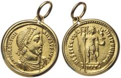 Ancient Gold Coins - Roman Valentinian I (A.D. 364-375), gold solidus in a modern gold mount, Antioch mint, issued 364-367, (6.09 g), Officina G, obv. pearl diademed, draped and cuirassed bust to righ