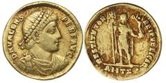 Ancient Gold Coins - Roman Valens, (A.D. 364-378), gold solidus, Antioch mint, issued 366, 7th Officina, (4.30 g), obv. pearl diademed, draped and cuirassed bust to right of Valens around DN VALENS PE