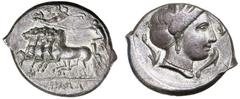 Greek Silver & Bronze Coins Sicily, Thermai Himerenses, (c.400-350 B.C.), silver tetradrachm, (16.45 g), obv. charioteer driving a quadriga of rearing horses to left, holding kentron in right hand, re
