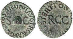 Roman Silver & Bronze Coins - Imperial Gaius (Caligula), AE quadrans, (2.50 g) issued 39-40, obv. C CAESAR DIVI AVG PRON AVG around S C divided by pileus, rev. PON M [TR P] III P P COS TERT around RCC