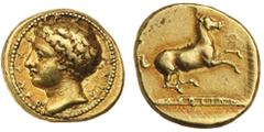 Ancient Gold Coins SICILY, Syracuse, Time of Dionysios the Elder, (405-380 B.C.), gold fifty litrae or decadrachm, (2.89 g), by Euainetos, issued 400-390 B.C., obv. laureate male head to left of river