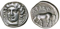 Greek Silver & Bronze Coins THESSALY, Larissa (under Macedonian domination), (365-356 B.C.), silver drachm, (6.03 g), obv. facing head of nymph Larissa three-quarter to left, hair in ampyx, rev. horse