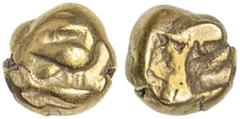 Ancient Gold - Greek MYSIA, Kyzikos, (circa 520-480 B.C.), electrum twelfth stater (7mm, 1.34 g), Lydo-Milesian standard, obv. figural type of a bird (gull) standing right on a tunny fish, another [tu