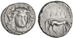 Greek Silver & Bronze Coins THESSALY, Larissa (under Macedonian domination), (365-356 B.C.), silver drachm, (6.14 g), obv. facing head of nymph Larissa three-quarter to right, rev. horse grazing to ri