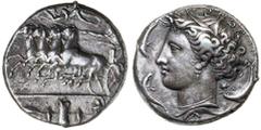 Greek Silver & Bronze Coins SICILY, Syracuse, Dionysios I, (405-367 B.C.), silver dekadrachm, (43.05 g), unsigned dies in the style of Euainetos, issued circa 405-400 B.C., obv. charioteer driving fas