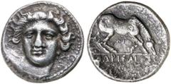 Greek Silver & Bronze Coins THESSALY, Larissa, (c.400-370 B.C.), silver drachm, (5.94 g), obv, head of nymph Larissa facing slightly left, within dotted border, rev. horse standing right, preparing to