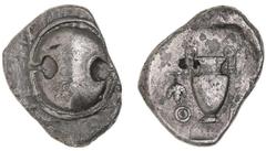 Greek Silver & Bronze Coins BOIOTIA, Thebes, (425-395 B.C.), silver stater, (10.96 g), obv. Boiotian shield, rev. amphora in incuse circle, with grape bunch on vine near left handle, across field on e