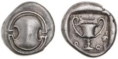 Greek Silver & Bronze Coins BOIOTIA, Boiotian League, Federal Coinage, probably struck at Thebes, (395-340 B.C.), silver hemidrachm, (2.65 g), obv. Boeotian shield, rev. amphora with letter B OI on ei