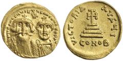 Ancient Gold Coins - Byzantine HERACLIUS, with Heraclius Constantine, (610-641), gold solidus, Constantinople mint, issued 629-631, (4.47 g), Officina I, obv. facing busts of Heraclius with long beard
