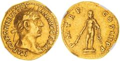 Ancient Gold Coins TRAJAN, (A.D. 98-117), gold aureus, issued 100, Rome mint, (7.33 g), obv. laureate head of Trajan to right, aegis and slight drapery on left shoulder, around IMP CAES NERVA TRAIAN A