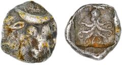 Greek Silver & Bronze Coins EUBOIA, Eretria, (500-465 B.C.), silver obol, (0.46 g), obv. bull's head facing, E above on side, rev. octopus in incuse square, (S.1825 [£125], BMC 33-38, SNG Cop. 473, La