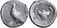 Greek Silver & Bronze Coins SICILY, Akragas (Agrigentum), (c.472-420 B.C.), silver tetradrachm, (16.91 g), obv. eagle with closed wings standing to left, AKRAC downwards behind eagle ANTO**S* upwards 