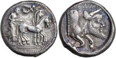 Greek Silver & Bronze Coins SICILY, Gela, (c.425-420 B.C.), silver tetradrachm, (17.18 g), obv. charioteer driving slow quadriga right, holding reins, Nike above flying right crowning horses with wrea