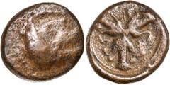 Greek Silver & Bronze Coins CYRENAICA, Cyrene, (c.322-313 B.C.), AE 14, (3.75 g), obv. head of Apollo Carneius to right, rev. three silphium plants, (S.6341, BMC 198, SNG Cop. 1226). Fine - very fine,