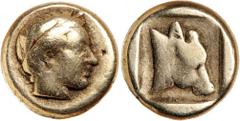 Ancient Gold - Greek LESBOS, Mytilene, electrum hekte (2.47 g), Bodenstedt dates 454-428 B.C., obv. laureate head of Apollo to right, rev. head of a cow to right, within incuse square, (cf.S.4250 [?55