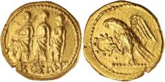 Ancient Gold Coins - Greek THRACE, Kingdom of, Koson, (c.42 B.C.), gold stater, (8.65 g), Northern Greece mint, obv. three togate figures advancing to left, the first and third carrying an axe over le