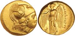 Ancient Gold Coins - Greek MACEDON, Kingdom of, Alexander III, (336-323 B.C.), gold stater, (8.57 g), Teos mint, issued c.323-319 B.C., obv. head of Athena to right in crested Corinthian helmet, hair 