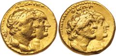 Ancient Gold Coins - Greek EGYPT, Kingdom of Ptolemy II, (282-246 B.C.), gold tetradrachm, (13.79 g), Alexandria mint, obv. conjoined busts to right of Ptolemy II diademed and draped and Arsinoe II di