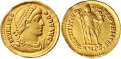 Ancient Gold Coins - Roman VALENS, (A.D. 364-378), gold solidus, Antioch mint, issued 366, 6th Officina, (4.39 g), obv. pearl diademed, draped and cuirassed bust to right of Valens around DN VALENS PE