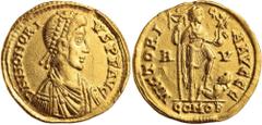 Ancient Gold Coins - Roman HONORIUS, (A.D. 393-423), gold solidus, Ravenna mint, issued A.D. 402-406 (4.43 g), obv. pearl diademed bust draped and cuirassed of Honorius to right, around D N HONORI VS 