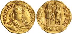 Ancient Gold Coins - Roman ANTHEMIUS, (467-472 A.D.), gold solidus, (4.28 g), Mediolanum Mint, struck in 467-470, obv. D N ANTHE MIVS P E AVG, pearl-diademed, helmeted, and cuirassed bust facing sligh