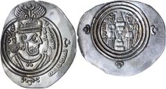 Islamic Coins Arab-Sasanian coinage, Khusro type, in the name of 'Abd Allah b. 'Amir (AH 41-45, AD 661-664), silver drachm, (27x31mm), (3.66 g), DA (Darabjird) mint, frozen date AH 43, obv. crowned Sa