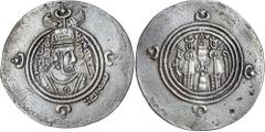 Islamic Coins Arab-Sasanian coinage, Khusro type, in the name of al-Hajjaj b. Yusuf, (AH 75-95, AD 694-713), silver drachm, (33mm), (4.82 g), BYS (Bishapur) mint, date AH 80 = AD 699/700, obv. crowned